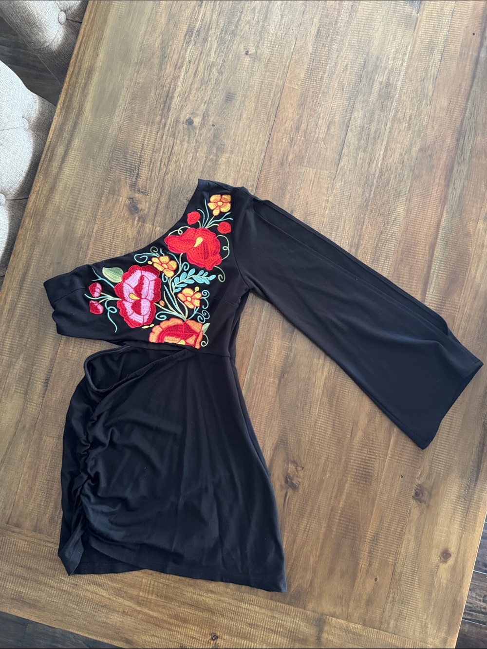 Black One-Shoulder Blouse with Red Floral Embroidery